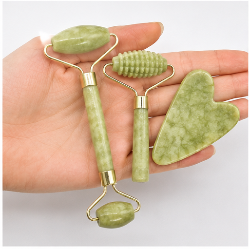 ZQNest 3-Piece Jade Facial Roller & Gua Sha Set – Face Massage & Skincare Tools