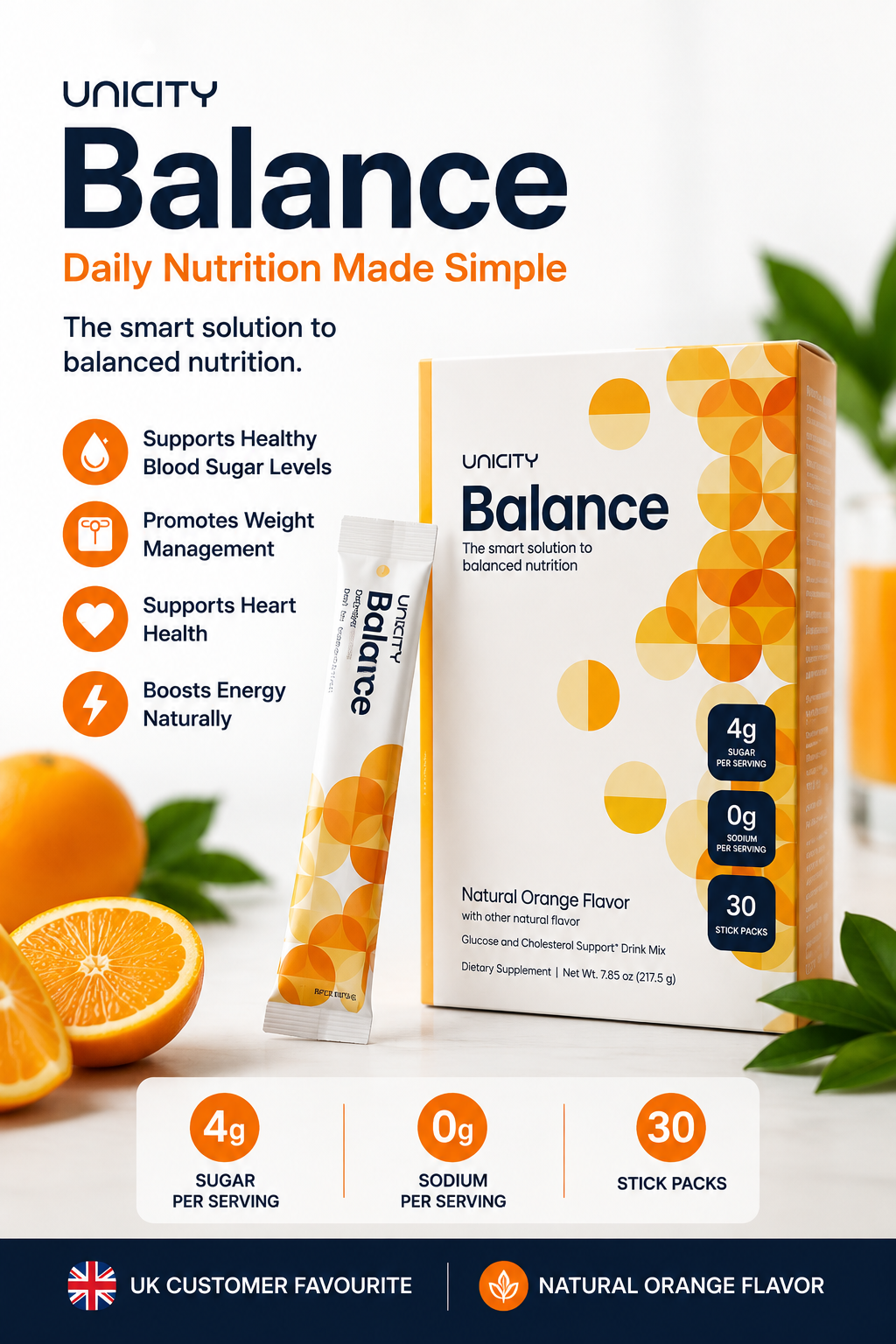 Unicity Balance Natural Orange Drink Mix – 30 Stick Packs | Daily Nutrition & Balanced Lifestyle Support