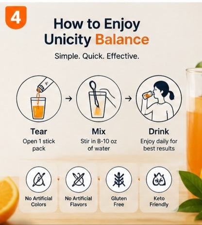 Unicity Balance Natural Orange Drink Mix – 30 Stick Packs | Daily Nutrition & Balanced Lifestyle Support