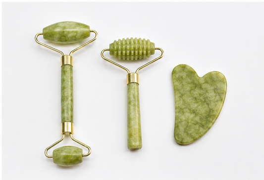 ZQNest 3-Piece Jade Facial Roller & Gua Sha Set – Face Massage & Skincare Tools