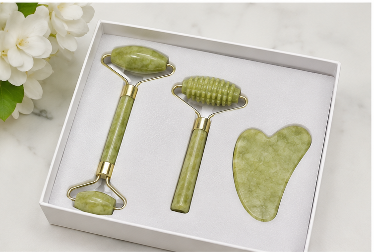 ZQNest 3-Piece Jade Facial Roller & Gua Sha Set – Face Massage & Skincare Tools